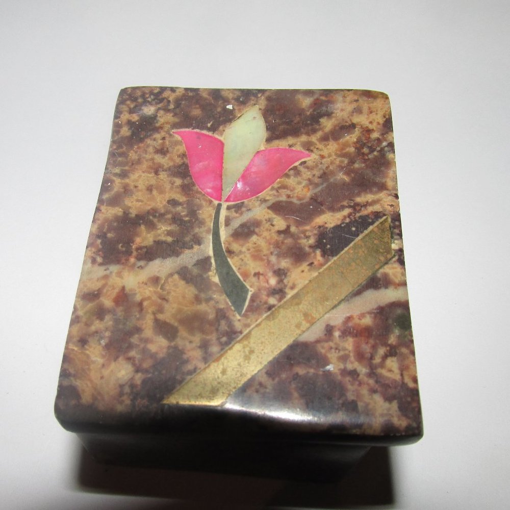 Vintage Alabaster Stone Abalone Flower Trinket Box